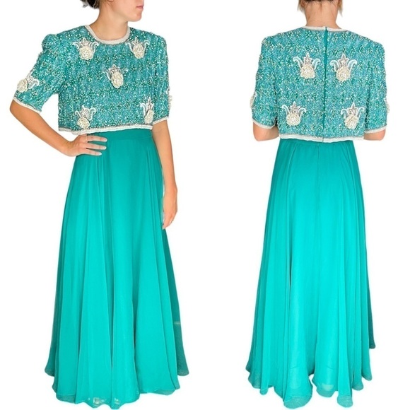VINTAGE RICHILENE 70S SILK CHIFFON BEAD EMBELLISHED AQUA FORMAL EVENING GOWN - Picture 1 of 16